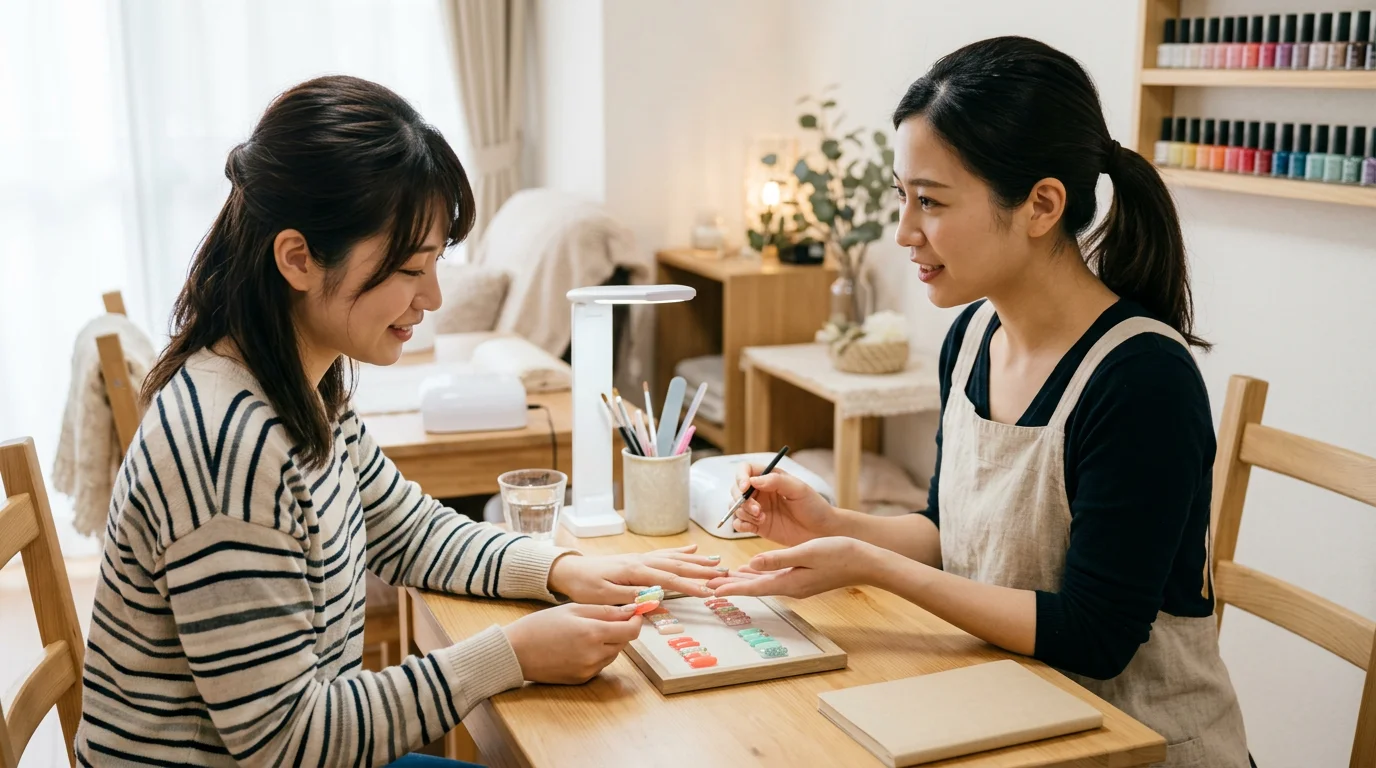 ネイルデザインについて相談する施術者とお客様の手元
