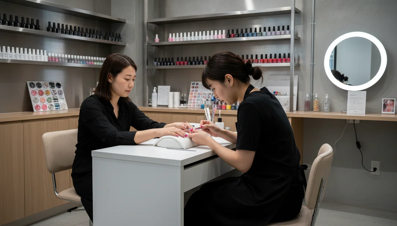 ネイル用品と施術テーブルが並ぶ店内